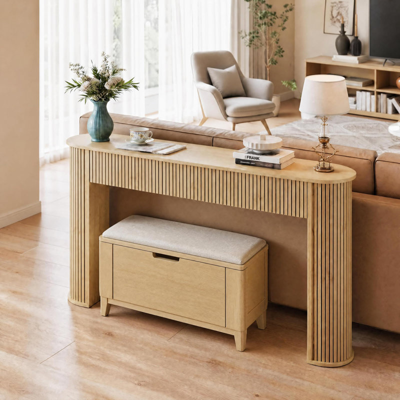 Console cannelée 59 po - Canapé d'entrée moderne Mid-Century avec lignes verticales - Table d'appoint pour le salon, le couloir ou le canapé - couleur bois naturel