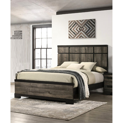Cadre de grand lit transitionnel, tête de lit à panneau, couleurs gris et ébène, pièce maîtresse de la chambre à coucher, tête de lit moderne en bois d'ébène nécessaire, solution contemporaine, nécessaire, assemblage simple