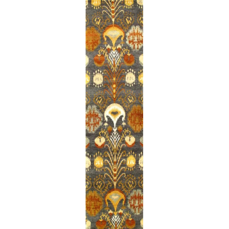 Tapis bleu marine / jaune en coton / laine fait à la main Ikat 2 pi 8 po x 9 pi 11 po