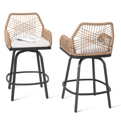 2-Piece Twisted Rattan Patio Bar Stools Set with Cushions, Swivel Design