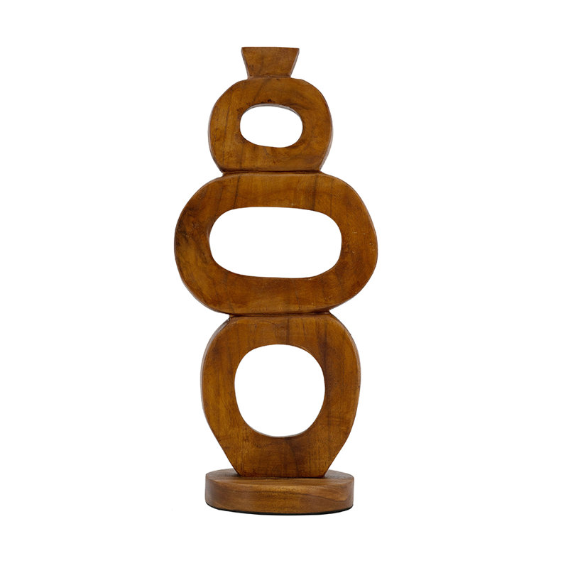 5.5x5.5x17.5" Teak Wood Candle Holder with Round Stacked Design and Natural Brown Finish