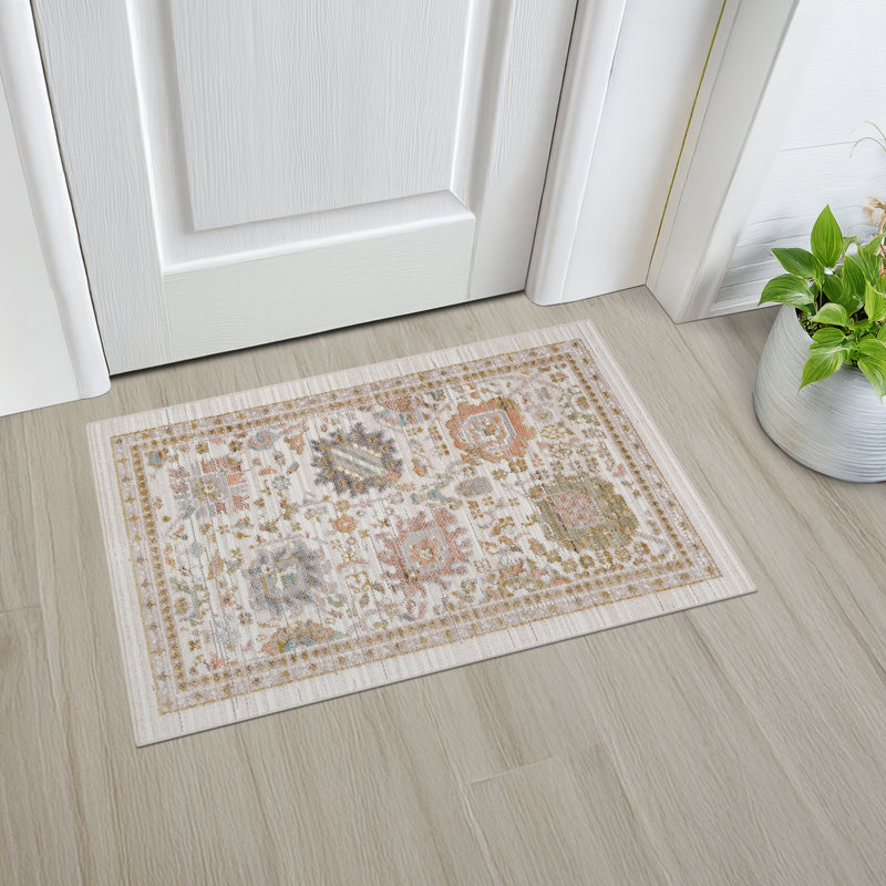 Gurpaige Traditional Oriental Cream Polyester Area Rug, Rectangle 2' x 3'