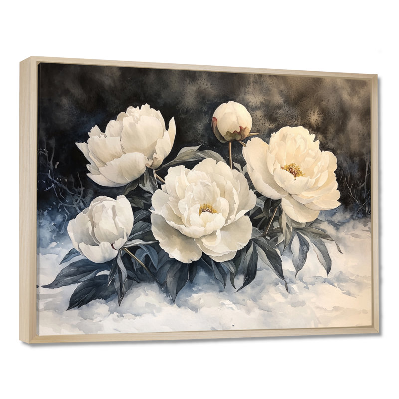 Neige pivoines dans la forêt II - pivoines, art mural sur toile, H 24 po x l 32 po, Cadre flottant, Brun