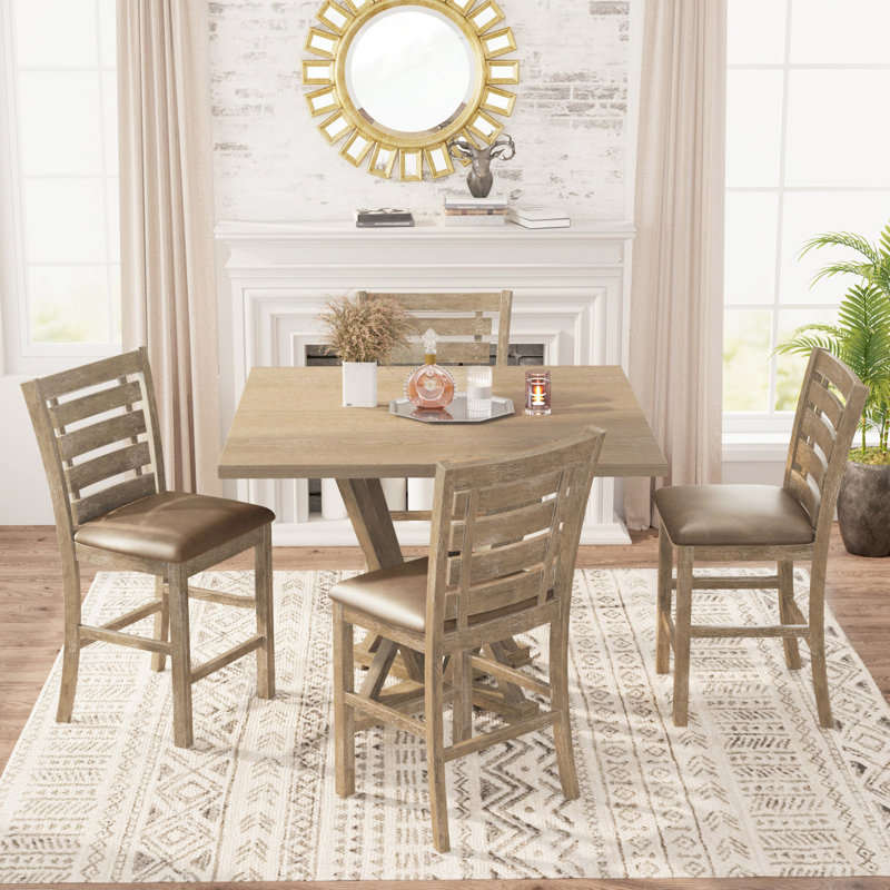 5Pcs Set Counter Table Set Square Counter Table Solid Wood Modern Farmhouse Rustic Look Distressed Look