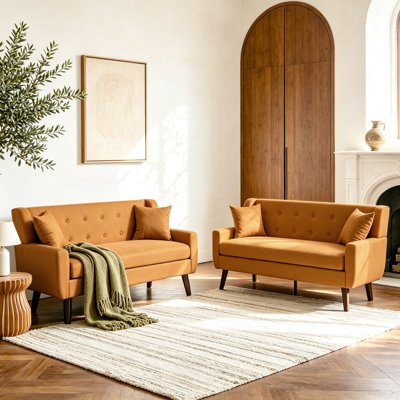 Upholstered Linen Blend Button Tufted Square Arm Loveseat