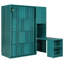 Lit simple bleu sarcelle rotatif avec bibliothèque intégrée, rangement pour armoire supérieure, bureau escamotable et unités de rangement latérales intégrées au mur, espace peu encombrant, table de travail pliable et tablette supplémentaire