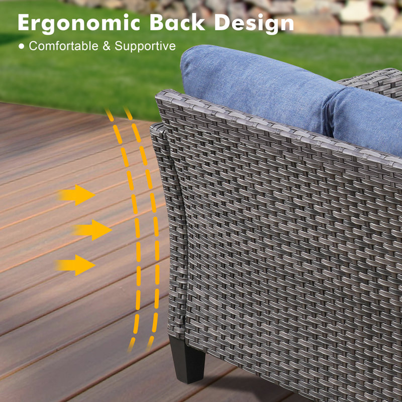 Cushion Color Wood Premium All-Weather Wicker 7 - Person Patio Conversation Set with Cushions, Blue