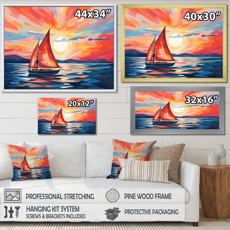 Coucher de soleil sur un bateau à voile II - bateau à voile, art mural, Cadre flottant doré, H 12 po x l 20 po x P 1 po