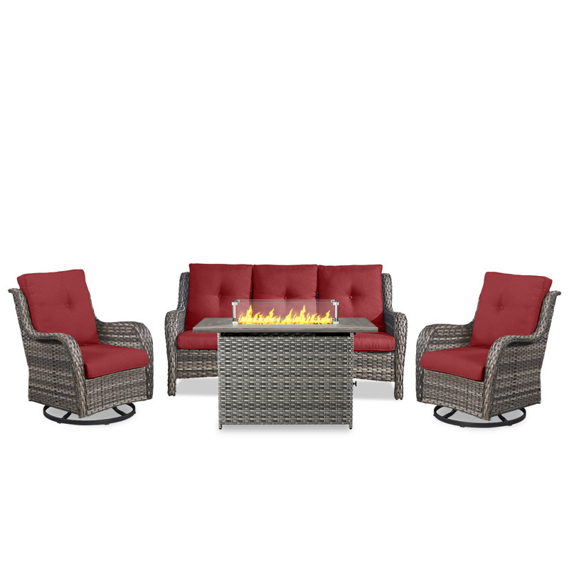 Ensemble de conversation à canapé pour 5 personnes avec foyer extérieur et coussins pivotants Carolina, Rouge / Gris