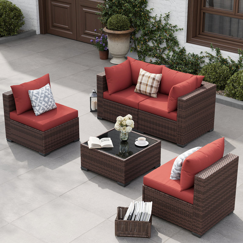 Ensemble de conversation de patio extérieur en osier 5 pièces avec coussins, Red