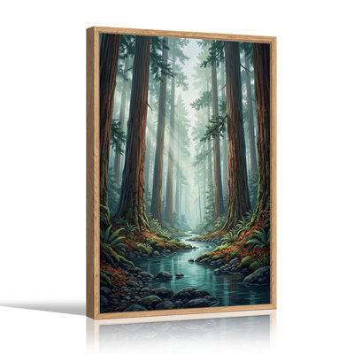 Tableau sur toile représentant un ruisseau brumeux en forêt avec des fougères ensoleillées