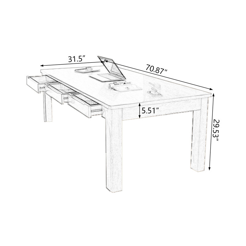 Bureau rectangulaire brun en bois massif avec 6 tiroirs, H 29,53 po x l 70,87 po x P 31,5 po