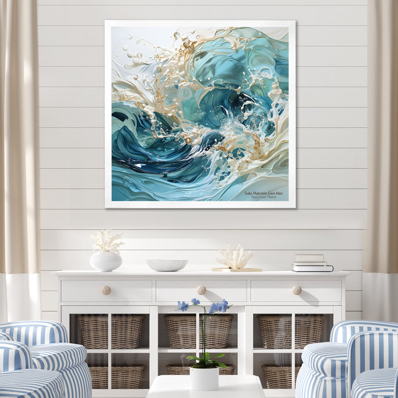 «Ocean Charm», art de vague liquide, H 24 po x l 24 po x P 1 po, Cadre simple blanc