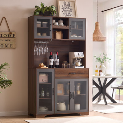 71" Modern Farmhouse Coffee Bar Cabinet with LED Lights & Charging Station, Kitchen Pantry Cabinet with Glass Doors, Drawer,Wine Rack & Adjustable Shelves