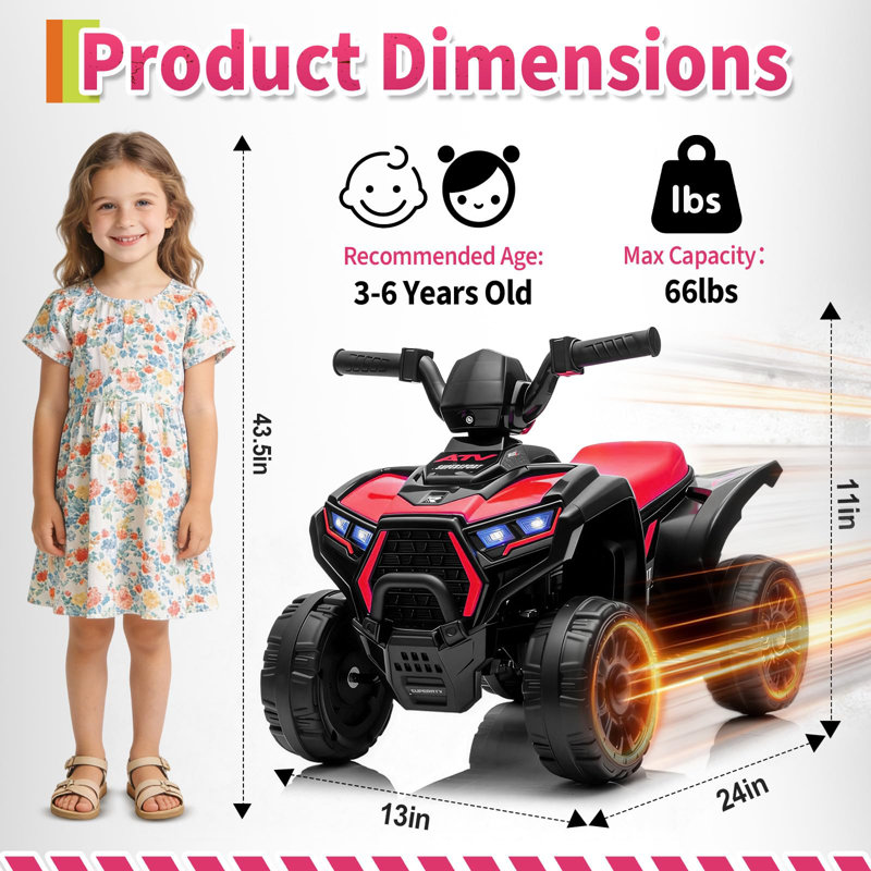 6 roues électriques 6V pour tout-petits avec lumière et musique, Rouge
