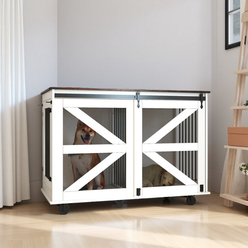47.2" Mobile Dog Crate With Flip-Top Feeding Door, Dual-Access & 5 Caster System (2 Locking), Side Hooks - Multi-Functional Pet Kennel