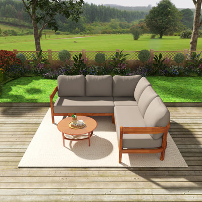 Acacia Solid Wood Patio Conversation Set, Outdoor All-Weather Sofa With Arc Frame, Includes 6 Soft Seat Cushions, For Backyard & Garden