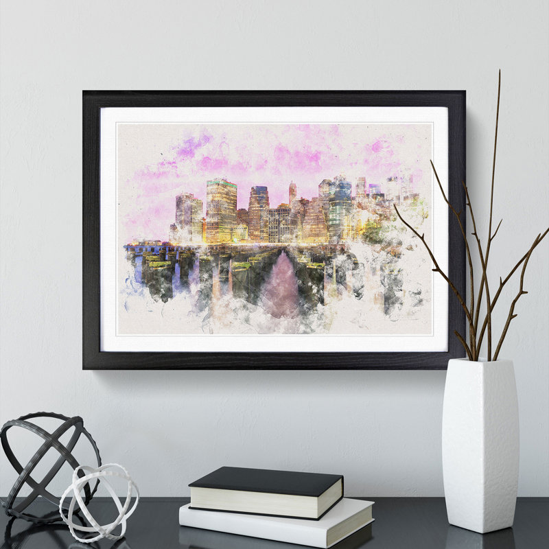 Manhattan from Brooklyn Bridge Watercolour - Picture Frame Graphic Art Print, Black Framed, 62cm H x 87cm W x 2cm D