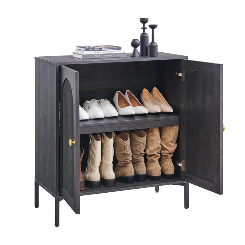 Modern Fluted Arched Shoe Cabinet with Storage, 34" Tall Wooden Shoe Storage Cabinet w/Adjustable Shelves, Gray