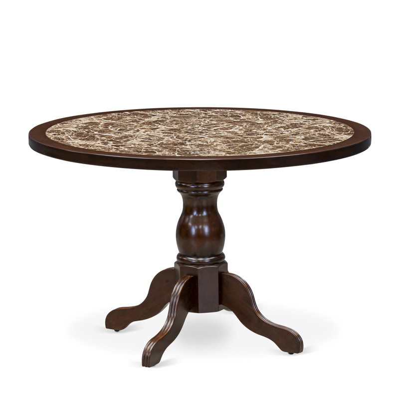 A Round Dining Table with Rippled Sand Marble Pattern tabletop, Mahogany Finish, Mahogany