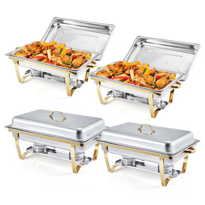 Chafing Dish Buffet Set 4 Pack, 8 Qt Stainless Steel Chafer Buffet Servers and Warmers Sets with Lid Folding Frame, Rectangular Chafing Dishes for Parties, Weddings, Catering Events, Gold