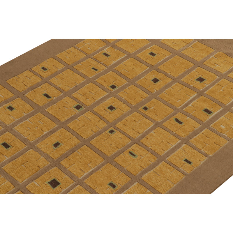 Rug & Kilim’S French Art Deco Rug In Beige-Brown With Gold Square Patterns, Rectangle 10' x 14'