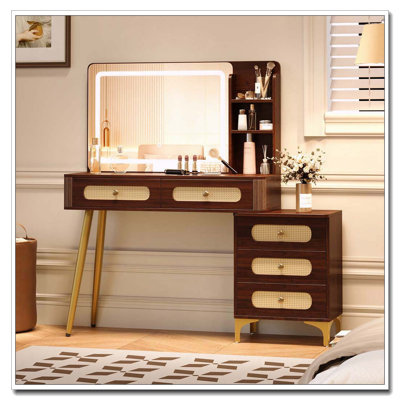 Coiffeuse 47 po avec miroir et lumières et tiroirs en rotin