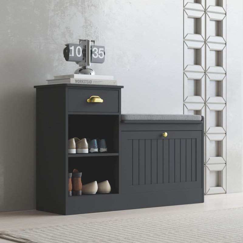  Shoe Storage Bench, Modern Wooden Shoe Cabinet With Flip Drawer And Adjustable Shelf,Black, Black