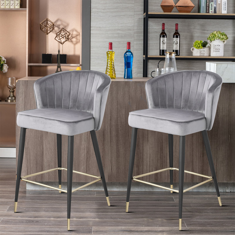 27.21'' Seat Height Velvet Upholstered Bar Stools with Metal Legs, Gray