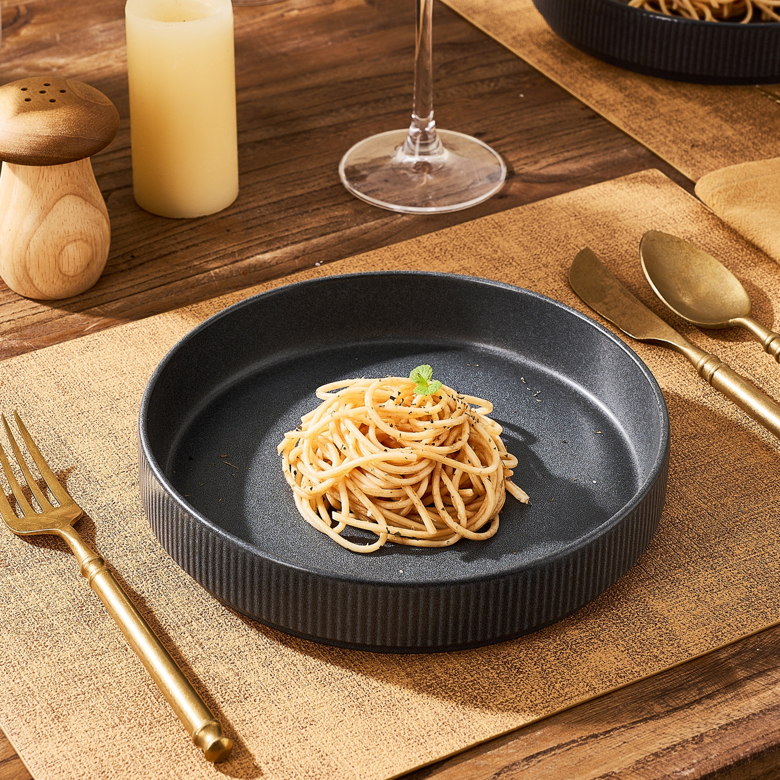 Azal Stoneware Pasta Bowl, Matte Dark Charcoal