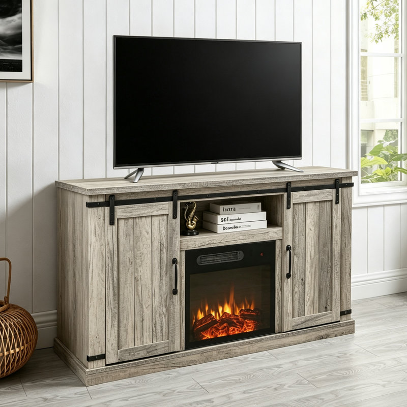 Canyonlands Farmhouse TV Stand with Electric Fireplace, Antique Gray Oak