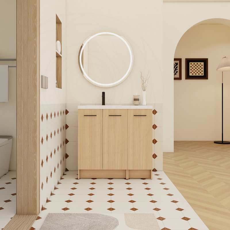 Meuble-lavabo autoportant modulaire 36 po avec plateau en résine chêne clair, Gauche