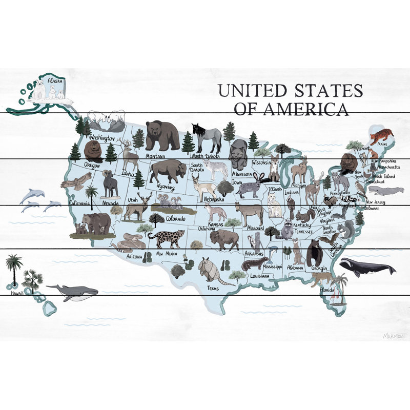 «Blue Animals Map», reproduction sur bois blanc, H 12 po x l 18 po x P 1,5 po