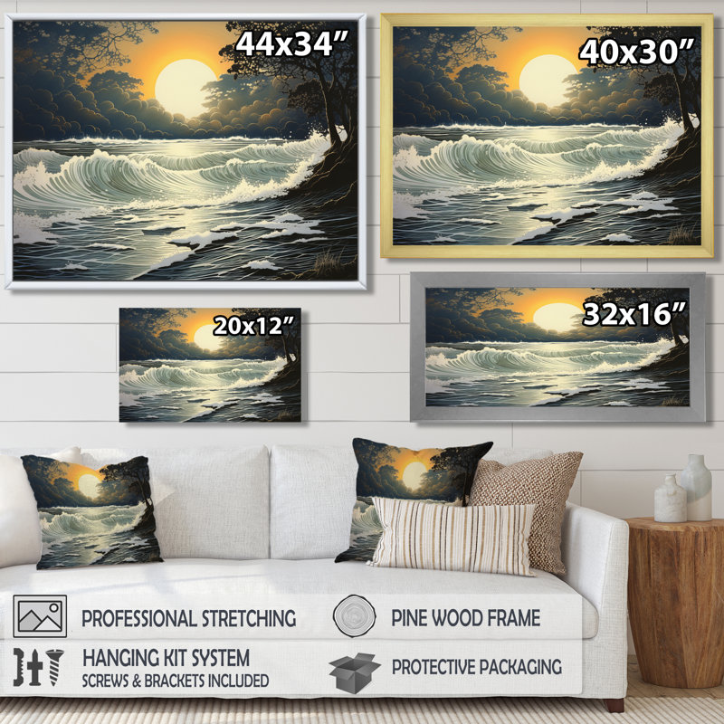 «Silver Wild Waves», coucher de soleil sur la forêt, impression d'art mural, Toile avec cadre flottant noir