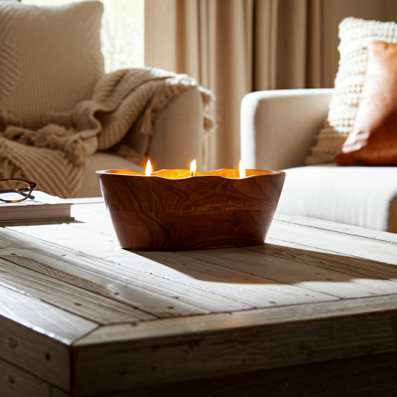Jeimi Sculpted Acacia Wood and Wax Multi-Wick Candle with Carved Oval Vessel and Artisan-Inspired Design for Decorative Ambiance and Natural Texture in Contemporary Indoor Decor Settings