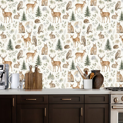 Peel and Stick Wallpaper Watercolor woodland animals seamless cute deer owl lynx hedgehog Contact Paper Removable Self Adhesive Wall Mural Wall Decor for Bedroom Kitchen Cabinets 17.7in x 118in