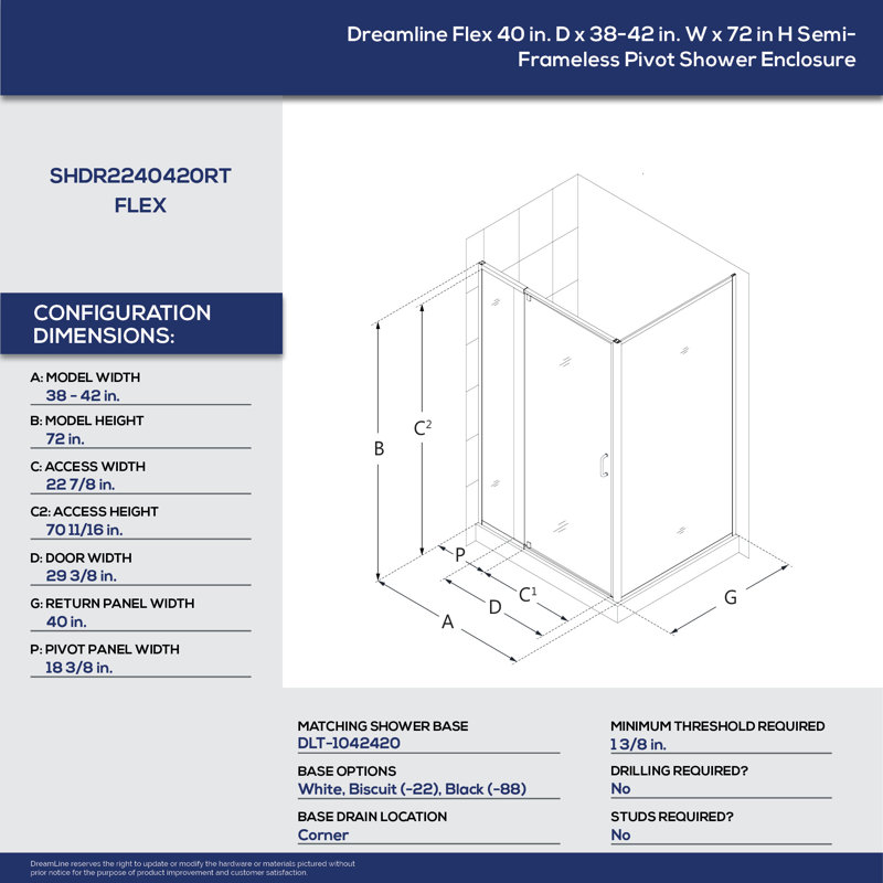 Flex Chrome Semi-Frameless Pivot Shower Door 38-42" W x 72" H