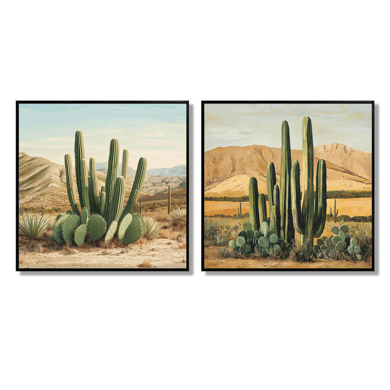 Cactus et le désert - Cactus floral - art mural traditionnel 2 pièces, Floater Framed, Noir, H 16 po x l 33 po