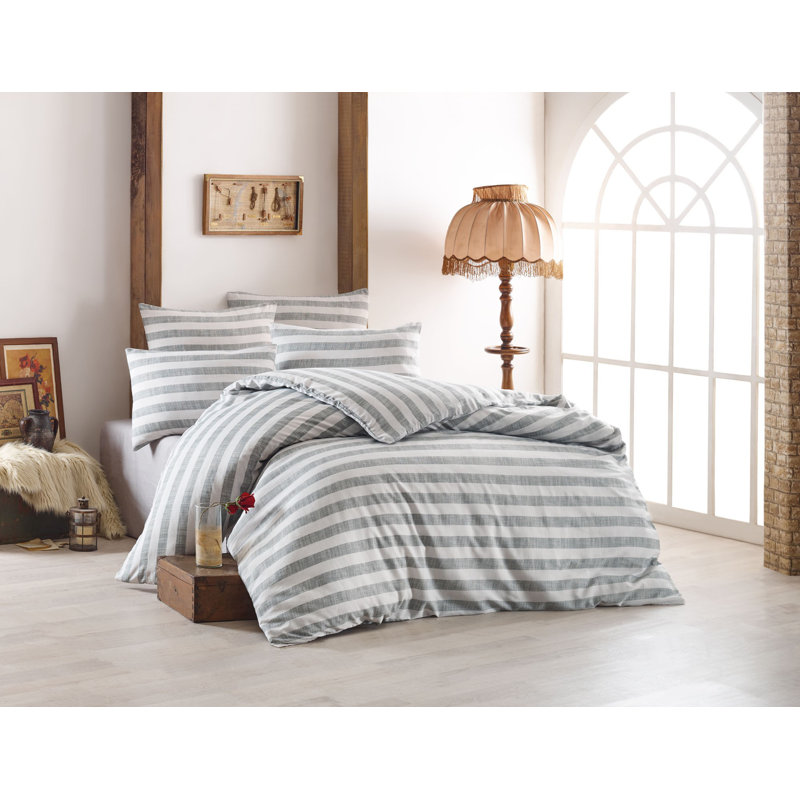 Ensemble de housse de couette en mélange de coton gris / blanc Boscobel, Housse de couette 61 po x 79 po + 1 taie d'oreille