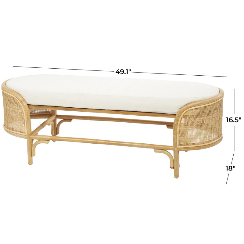 Aubie Brown Rattan Handmade Oval Bench with White Fabric Cushion