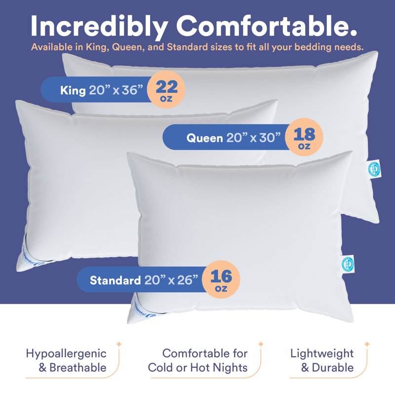 Continental Bedding Plush Luxury Down Pillows, Breathable Bed Pillows (Pack of 1), Standard