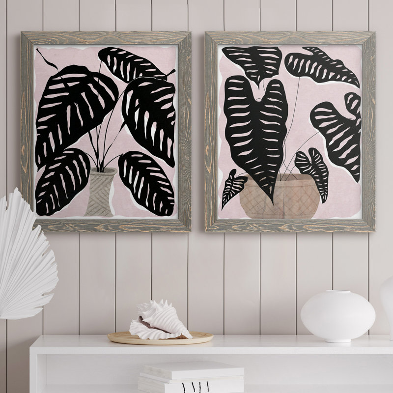 Plante en pot I - ensemble de 2 peintures sur toile encadrées, Encadré gris, H 37,5 po x l 55 po x P 1,5 po