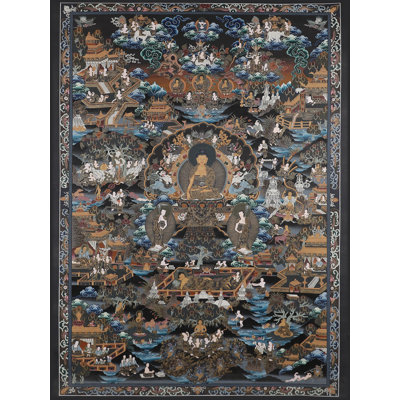 Art mural des lumières du Bouddha Shakyamuni - Thangka tibétain peint à la main avec détails en or 24 carats, grande attention et décor zen H 38 po x l 28 po