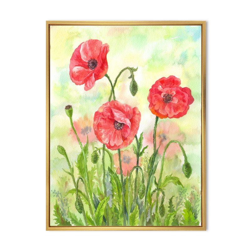 Floraison des coquelicots rouges - activé, L 30 po x H 40 po, Cadre flottant doré