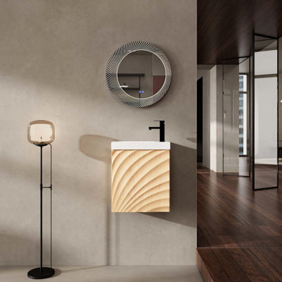 Meuble-lavabo mural de 47 cm (18,5 po) avec lavabo en résine, porte simple à fermeture amortie, bois naturel, bois d'ingénierie pour une structure robuste, élégant motif 3D