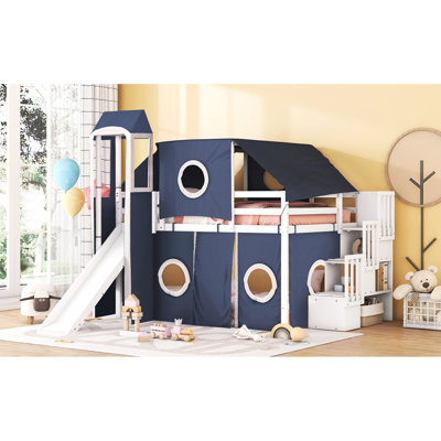 Lit mezzanine double bleu avec tente et tour, construction en bois massif, style inspiré de l'aire de jeu, espace de rangement spacieux sous le matelas, structure de maisonnette non incluse, espace supplémentaire,