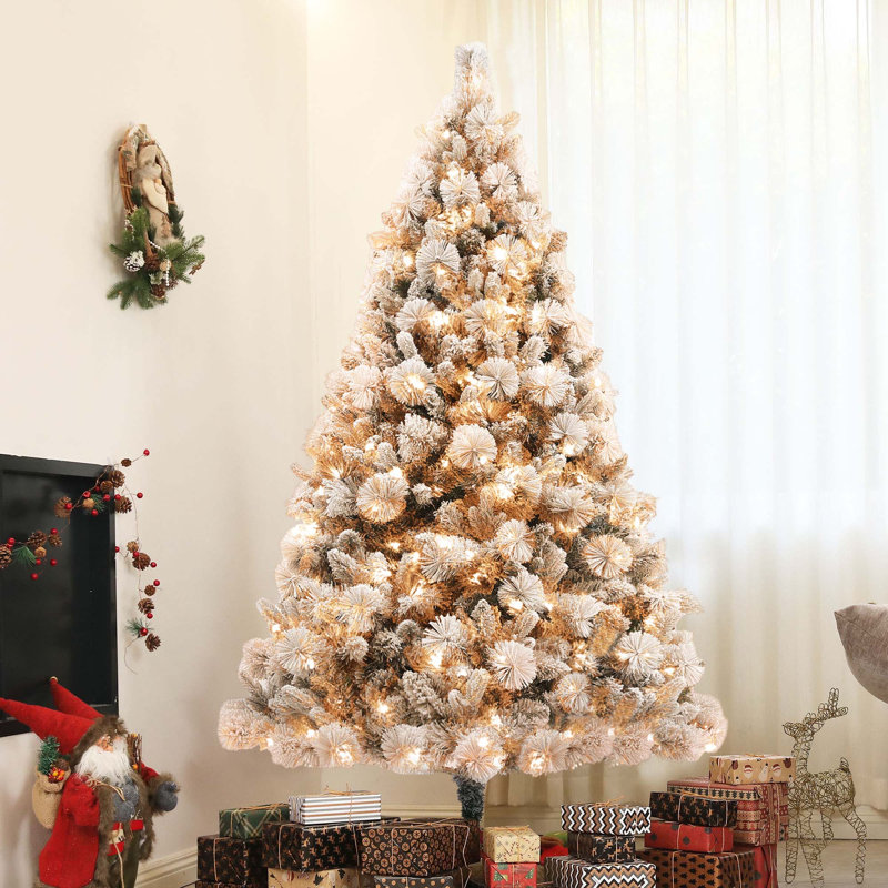 Arbre de Noël articulé artificiel enneigé 6,5 / 7 pi avec lumières claires et base en métal
