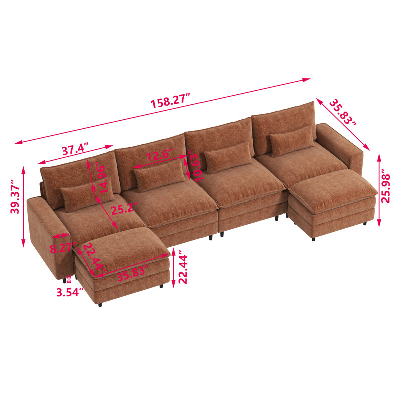Ensemble de canapé en U pour salon, H 39,37 po x l 158,27 po x P 35,83 po, Chenille orange