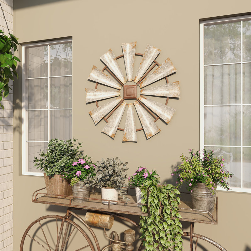 Metal Distressed Galvanized Windmill Silver Wall Decor with Rust Frame, 30" H x 30" W x 1" D