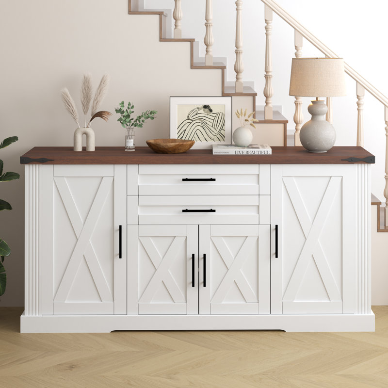63" Farmhouse Barn Door Storage Cabinet with 2 Drawers & Door Rack, White